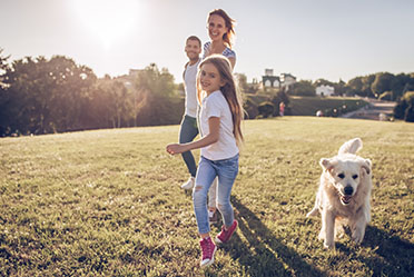 Family with child and golden retriever running in a park, illustrating pet planning and estate law in California.